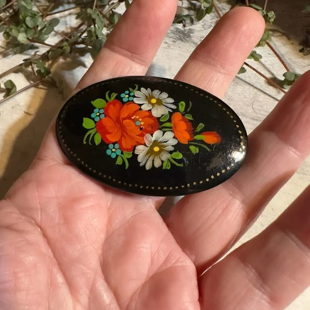 Vintage Russian Hand Painted Floral Wooden Brooch